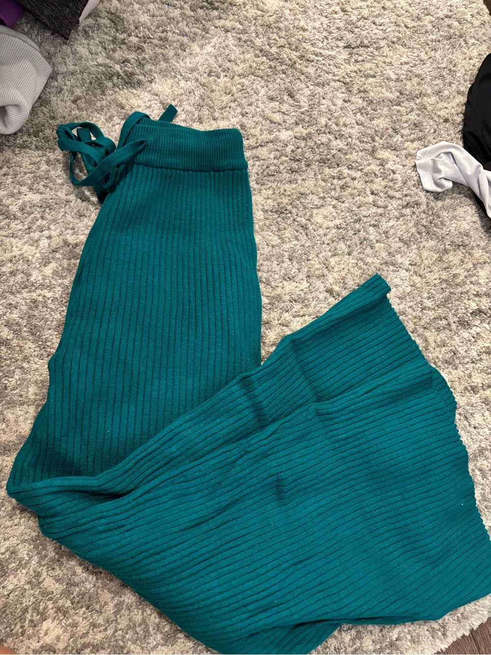 Source Unknown Ribbed Wide-Leg Drawstring Pants - Teal Green